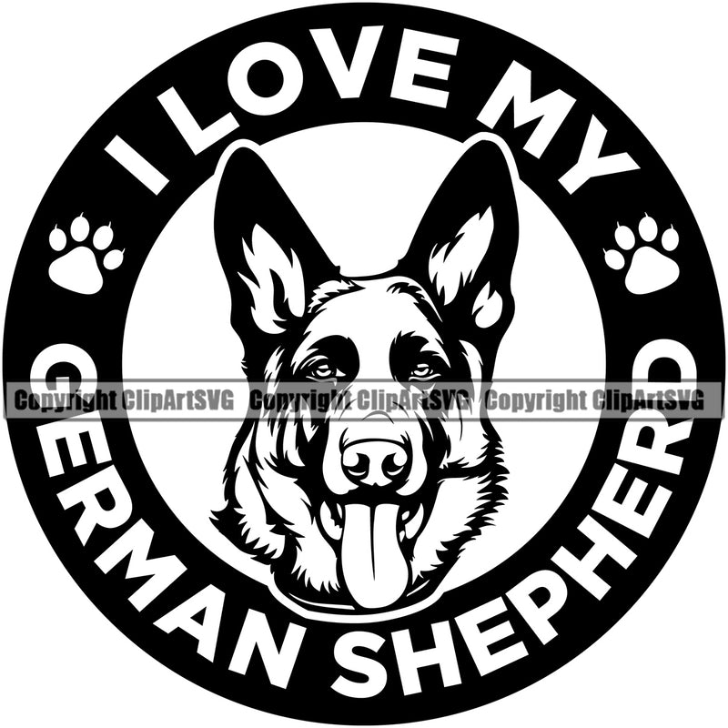 German Shepherd Dog I Love My Circle Paw Design Text Puppy Head Purebred Pup Pedigree Mascot Portrait Doggy Face Cute Clipart SVG