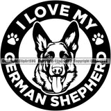 German Shepherd Dog I Love My Circle Paw Design Text Puppy Head Purebred Pup Pedigree Mascot Portrait Doggy Face Cute Clipart SVG