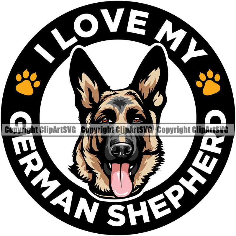 German Shepherd Dog I Love My Circle Paw Design Color Text Puppy Head Purebred Pup Pedigree Mascot Portrait Doggy Face Cute Clipart SVG