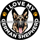 German Shepherd Dog I Love My Circle Paw Design Color Text Puppy Head Purebred Pup Pedigree Mascot Portrait Doggy Face Cute Clipart SVG