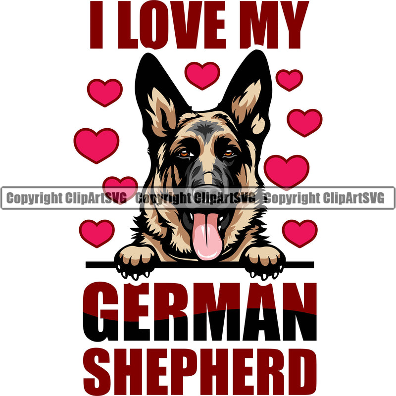 German Shepherd Dog Peeking Position I Love My German Shepherd Red Color Quote Text Design Element Breed Pup Puppy Purebred White Background Pedigree Canine Cop Police K9 K-9 Design Logo Clipart SVG