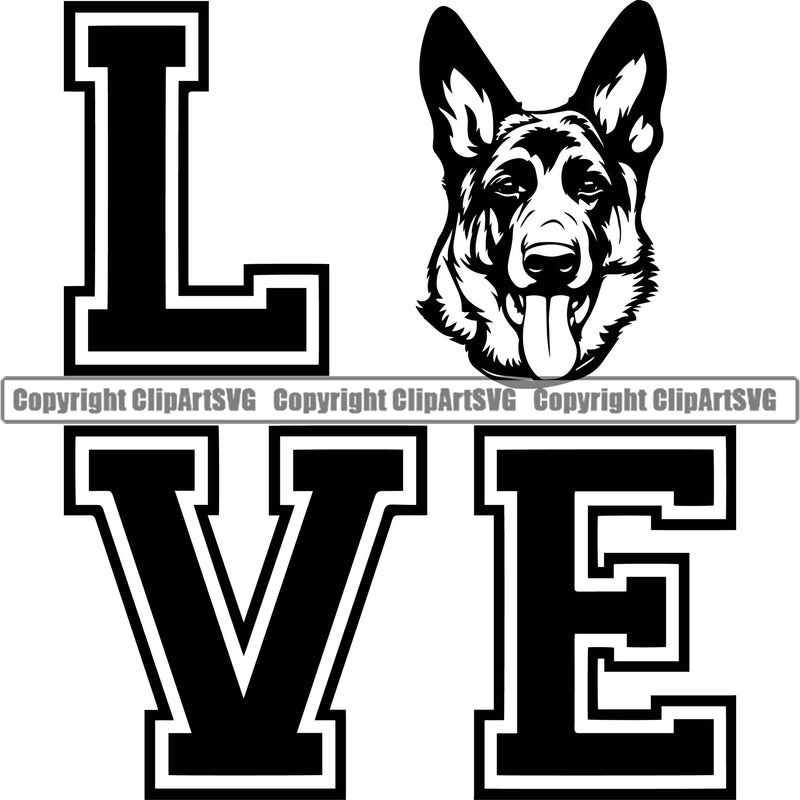 German Shepherd Dog Breed Pup Puppy Purebred Love Quote Text Design Element White Background Pedigree Canine Cop Police K9 K-9 Design Logo Clipart SVG