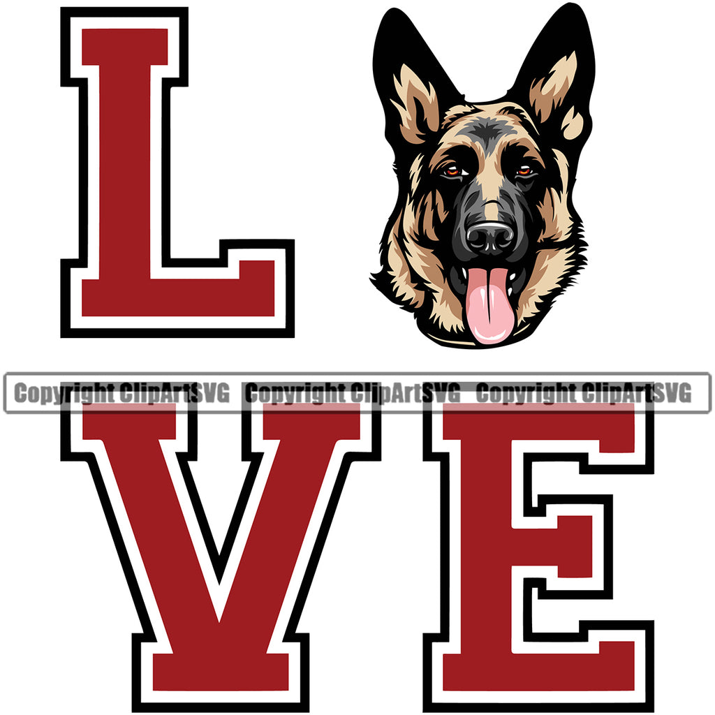 German Shepherd Love Dog Head Purebred Pup Pedigree Vector K9 Animal Portrait Doggy Face Cute Clipart SVG