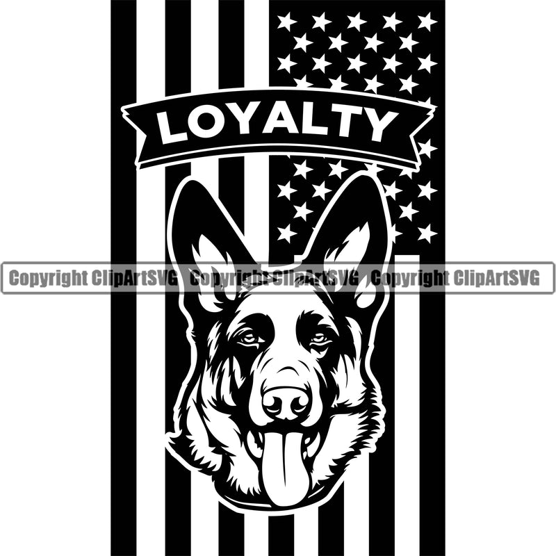German Shepherd Dog Loyalty Quote Text USA Flag United State Design Element Breed Pup Puppy Purebred White Background Pedigree Canine Cop Police K9 K-9 Design Logo Clipart SVG