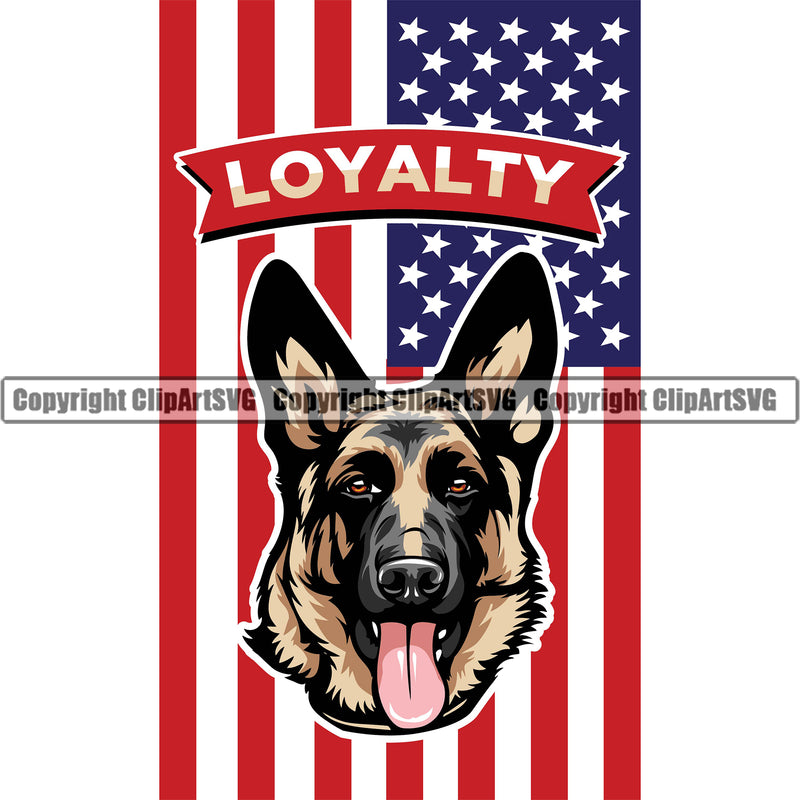 German Shepherd Dog Loyalty Quote Text Color USA Flag United State Design Element Breed Pup Puppy Purebred White Background Pedigree Canine Cop Police K9 K-9 Design Logo Clipart SVG