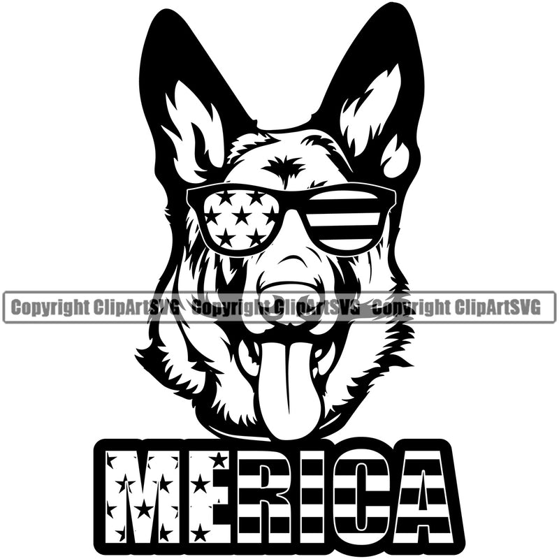German Shepherd Dog Wearing Sunglasses USA Flag Design Merica Text Doggy Head Cute Pappy Purebred Pup Pedigree Clipart SVG