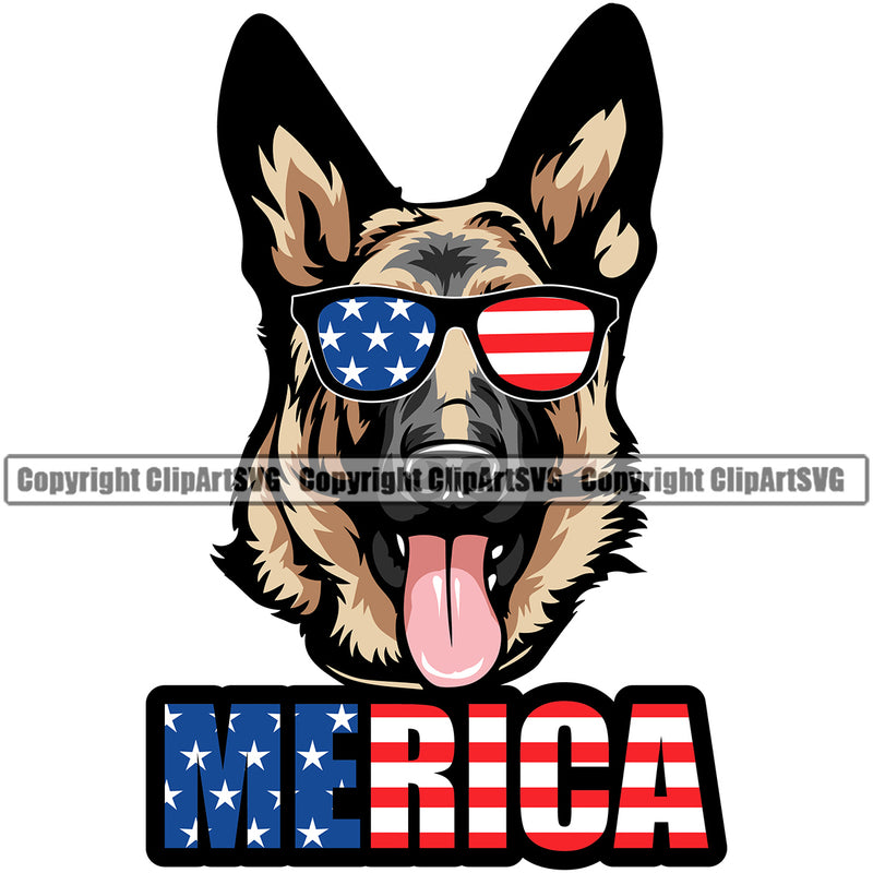 German Shepherd Dog Wearing Sunglasses Color USA Flag Design Merica Text Doggy Head Cute Pappy Purebred Pup Pedigree Clipart SVG