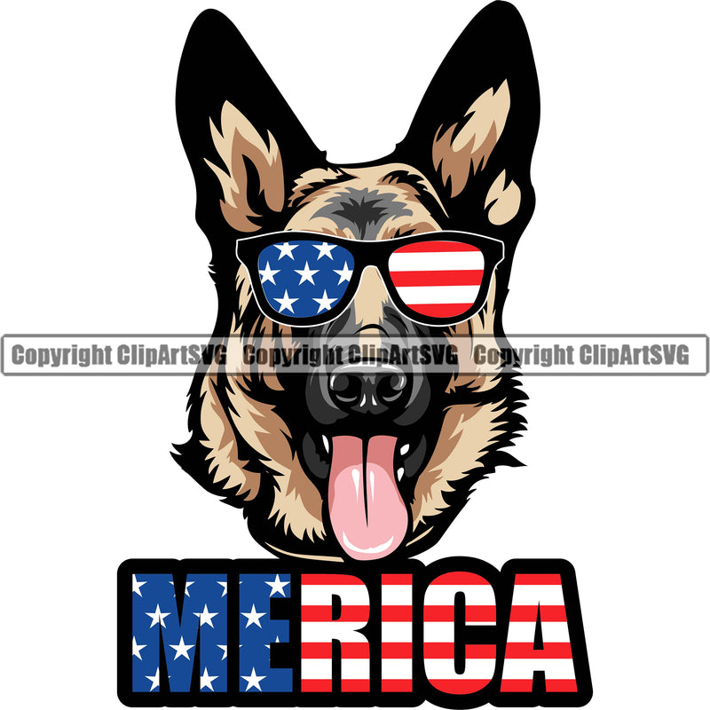 German Shepherd Dog Breed Pup Puppy Purebred Color USA Flag United State Wearing Sunglasses Merica Quote Text Design Element White Background Pedigree Canine Cop Police K9 K-9 Design Logo Clipart SVG