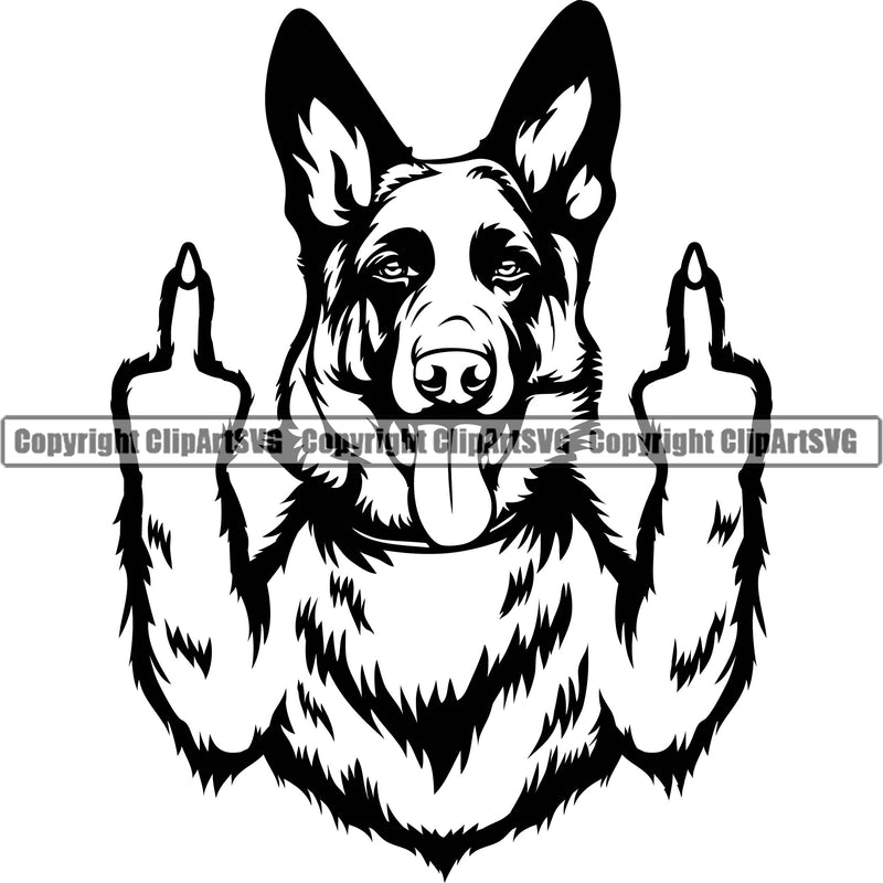 German Shepherd Dog Middle Finger Hand Sign Design Element Breed Pup Puppy Purebred White Background Pedigree Canine Cop Police K9 K-9 Design Logo Clipart SVG