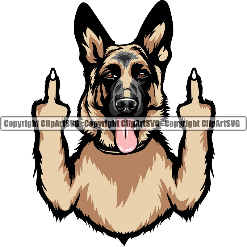 German Shepherd Dog Breed Pup Puppy Purebred Middle Finger Hand Sign Color Design Element White Background Pedigree Canine Cop Police K9 K-9 Design Logo Clipart SVG