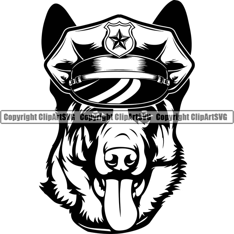 German Shepherd Dog Wearing Sunglasses And Hat Design Element Head Breed Pup Puppy Purebred Pedigree White Background Canine Cop Police K9 K-9 Logo Clipart SVG