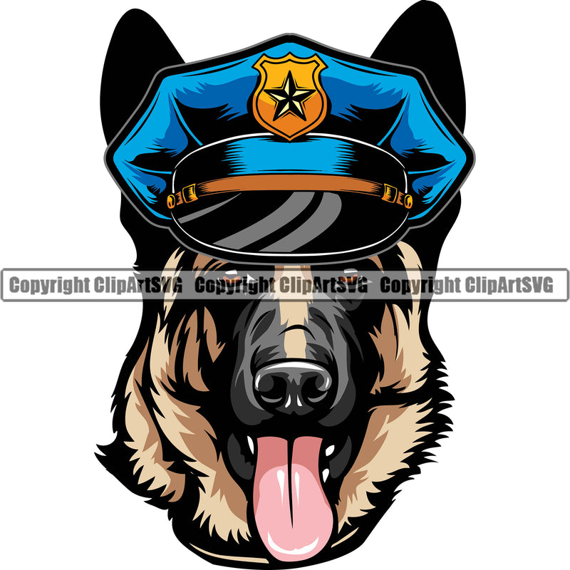 German Shepherd Dog Wearing Sunglasses And Hat Color Design Element Head Breed Pup Puppy Purebred Pedigree White Background Canine Cop Police K9 K-9 Logo Clipart SVG