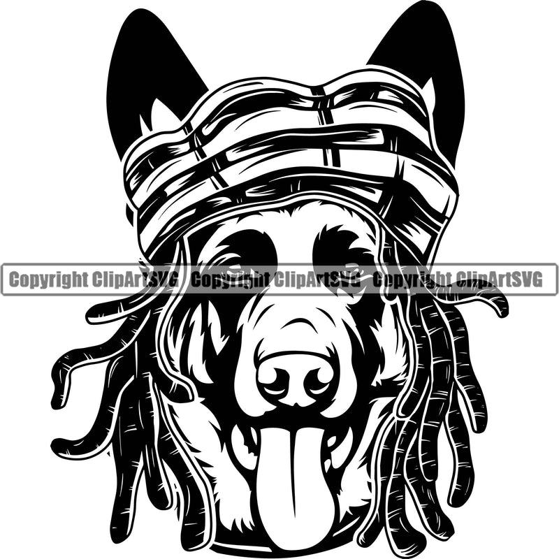 German Shepherd Dog Jamaica Jamaican Reggae Hat Head Design Element Breed Pup Puppy Purebred Pedigree White Background Canine Cop Police K9 K-9 Logo Clipart SVG