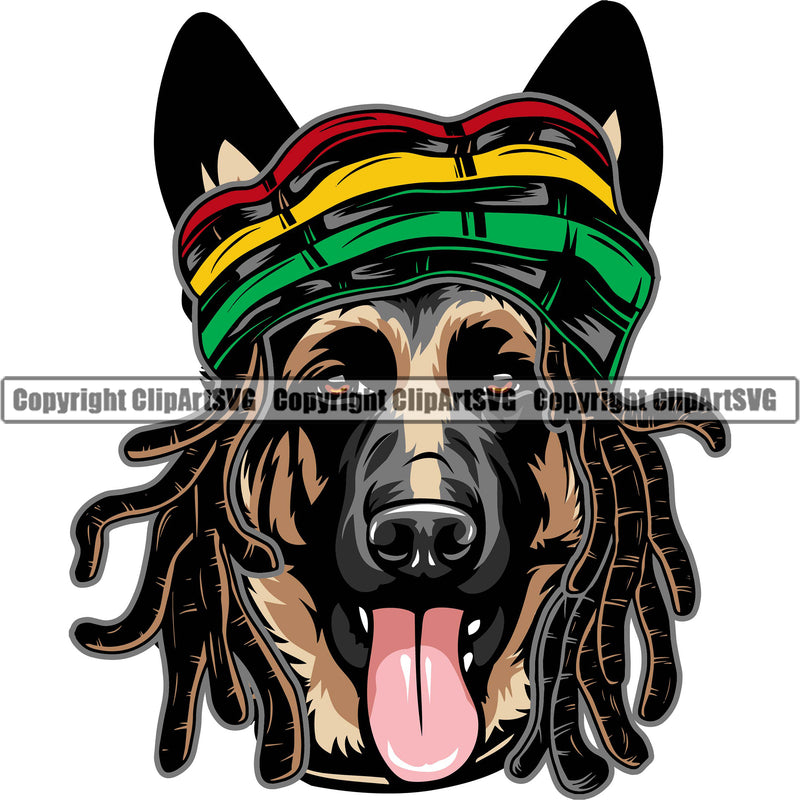 German Shepherd Dog Color Jamaica Jamaican Reggae Hat Head Design Element Breed Pup Puppy Purebred Pedigree White Background Canine Cop Police K9 K-9 Logo Clipart SVG