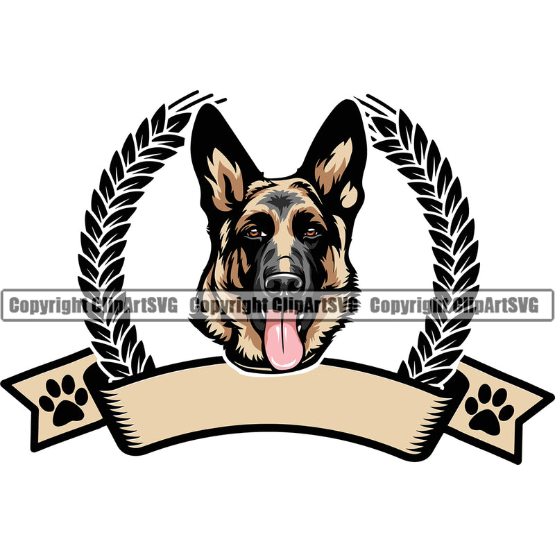 German Shepherd Dog Vector Empty Ribbon Blank Banner Color Design Element Puppy Head Purebred Pup Pedigree Doggy Face Cute Clipart SVG