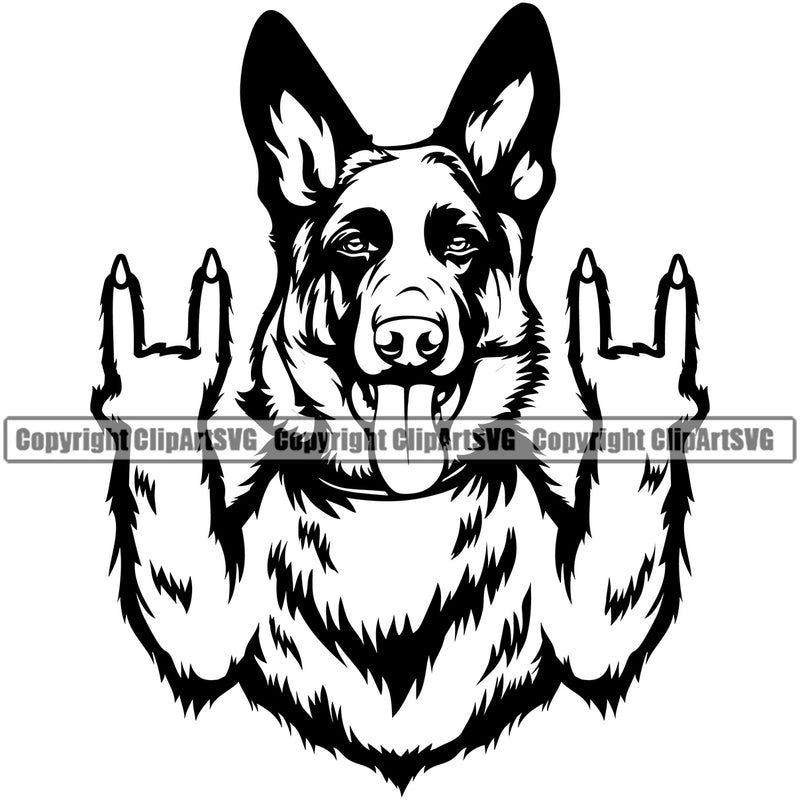 German Shepherd Dog Rock And Roll Hand Sign Vector Puppy Head Purebred Pup Pedigree Animal Face Clipart SVG