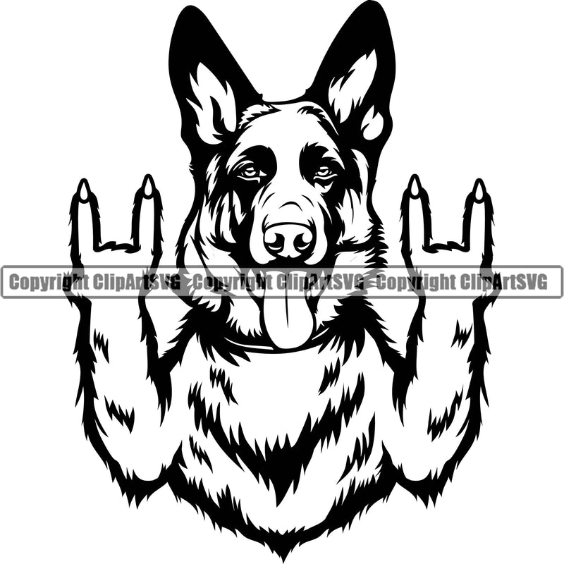 German Shepherd Dog Breed Pup Puppy Purebred Pedigree Rock And Roll Hand Sign Design Element White Background Canine Cop Police K9 K-9 Logo Clipart SVG