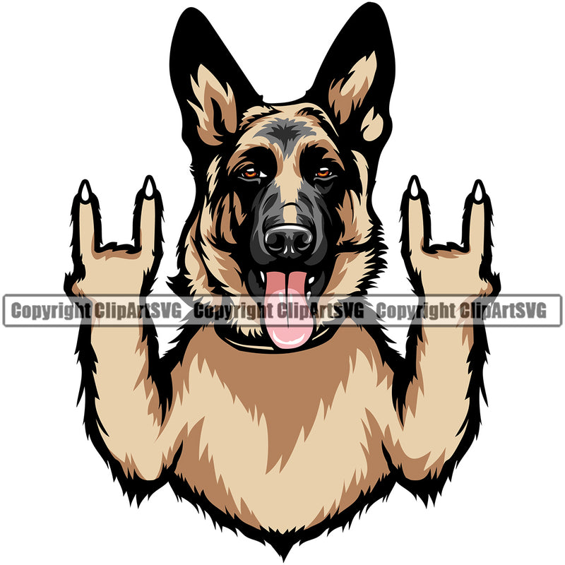 German Shepherd Dog Rock And Roll Hand Sign Vector Design Animal Portrait Doggy Face Cute Purebred Pup Pedigree Clipart SVG