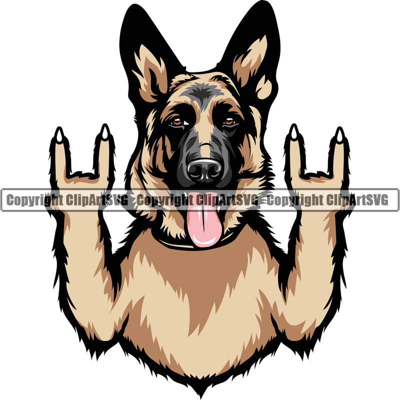 German Shepherd Dog Breed Pup Puppy Purebred Pedigree Rock And Roll Hand Sign Brown Color Design Element White Background Canine Cop Police K9 K-9 Logo Clipart SVG