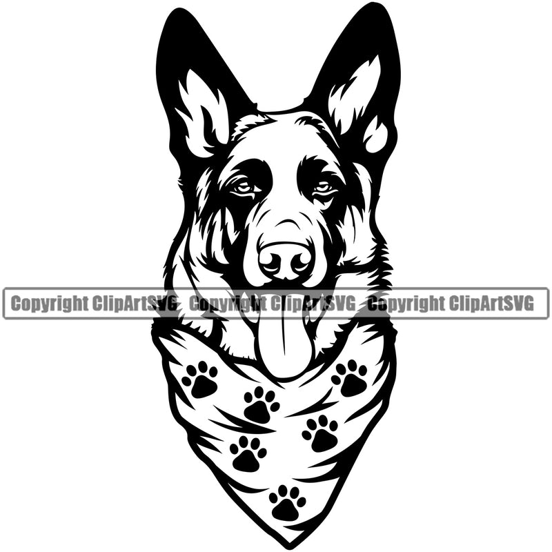 German Shepherd Dog Scarf Paw Print Bandanna Design Element Puppy Head Purebred Pup Pedigree Vector Portrait Doggy Face Cute Clipart SVG