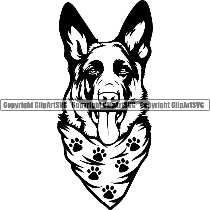 German Shepherd Dog Breed Pup Puppy Purebred Pedigree Scarf Bandanna Dog Head Design Element White Background Canine Cop Police K9 K-9 Logo Clipart SVG