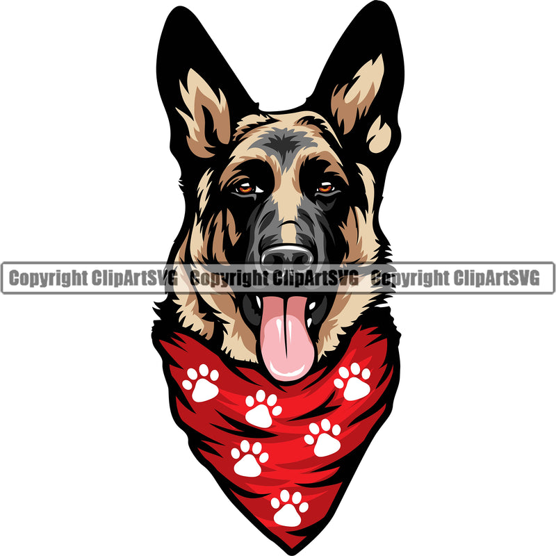 German Shepherd Dog Breed Pup Puppy Purebred Pedigree Red Color Scarf Bandanna Dog Head Brown Color Design Element White Background Canine Cop Police K9 K-9 Logo Clipart SVG