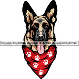 German Shepherd Dog Color Scarf Paw Print Bandanna Design Element Puppy Purebred Pedigree Head Portrait Face Doggy Cute Animal Clipart SVG
