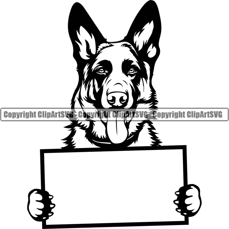 German Shepherd Dog Holding Blank Empty Sign Vector Design Element Breed Pup Puppy Purebred Pedigree White Background Canine Cop Police K9 K-9 Logo Clipart SVG