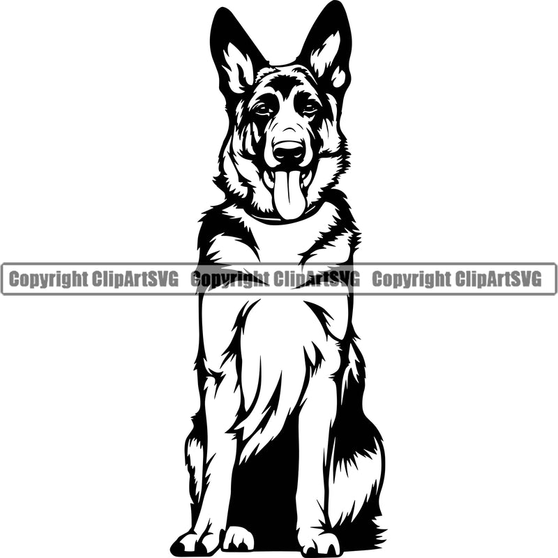 German Shepherd Dog Breed Pup Puppy Purebred Pedigree Sitting Position Design Element White Background Canine Cop Police K9 K-9 Logo Clipart SVG