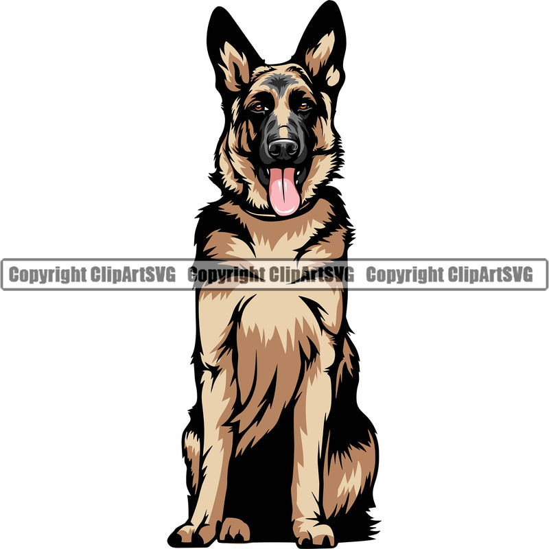 German Shepherd Dog Breed Pup Puppy Purebred Pedigree Sitting Position Brown Color Body Design Element White Background Canine Cop Police K9 K-9 Logo Clipart SVG