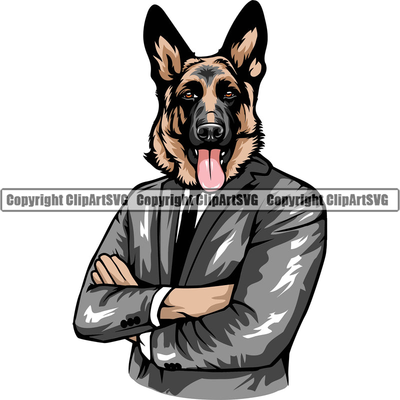 German Shepherd Dog Wearing A Suit Color Design Element Breed Pup Puppy Purebred Pedigree White Background Canine Cop Police K9 K-9 Logo Clipart SVG