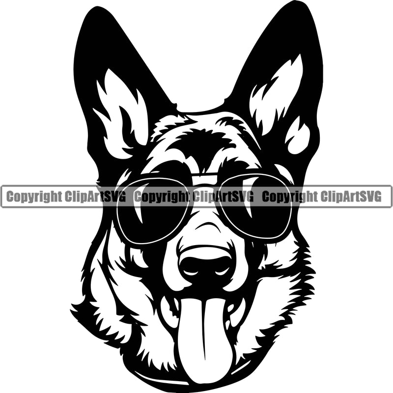 German Shepherd Dog Wearing Sunglasses Head Design Element Breed Pup Puppy Purebred Pedigree White Background Canine Cop Police K9 K-9 Logo Clipart SVG