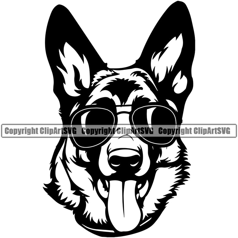 German Shepherd Dog Wearing Sunglasses Smiling Face Vector Puppy Head Purebred Pup Pedigree Animal Portrait Doggy Clipart SVG