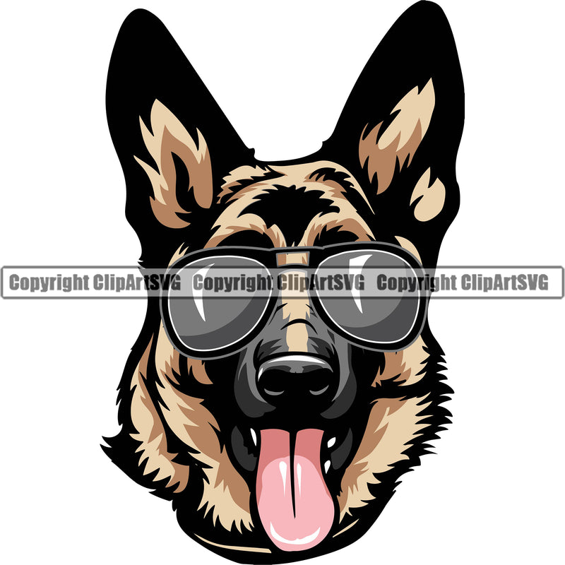 German Shepherd Dog Wearing Sunglasses Head Color Design Element Breed Pup Puppy Purebred Pedigree White Background Canine Cop Police K9 K-9 Logo Clipart SVG