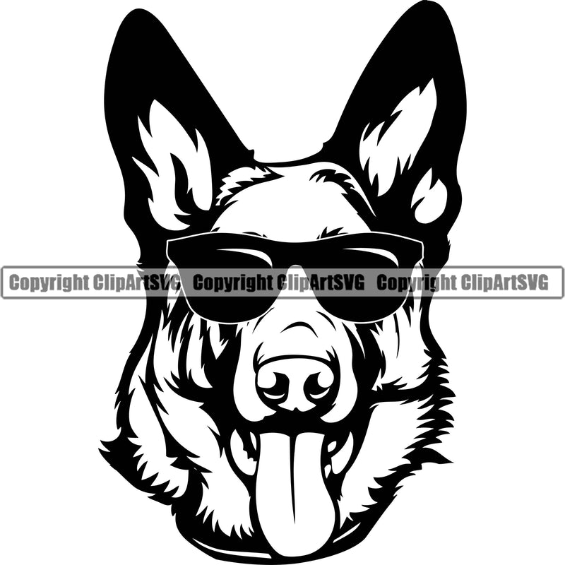 German Shepherd Dog Breed Pup Puppy Purebred Pedigree Wearing Sunglasses Dog Head Design Element White Background Canine Cop Police K9 K-9 Logo Clipart SVG