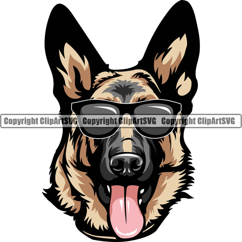German Shepherd Dog Breed Pup Puppy Purebred Pedigree Wearing Sunglasses Color Dog Head Design Element White Background Canine Cop Police K9 K-9 Logo Clipart SVG