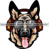 German Shepherd Dog Breed Pup Puppy Purebred Pedigree Wearing Headphones And Sunglasses Color Design Element White Background Canine Cop Police K9 K-9 Logo Clipart SVG