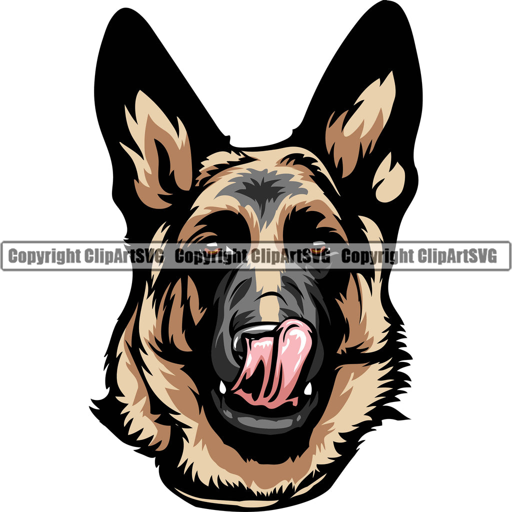 German Shepherd Dog Breed Pup Puppy Purebred Pedigree Tongue Color Head Design Element White Background Canine Cop Police K9 K-9 Logo Clipart SVG