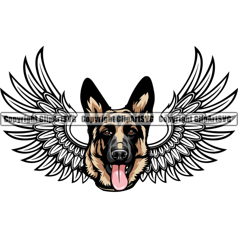 German Shepherd Dog Breed Pup Puppy Purebred Pedigree Dog Color Head Wings Design Element White Background Canine Cop Police K9 K-9 Logo Clipart SVG