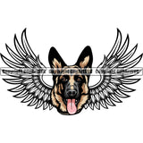 German Shepherd Dog Breed Pup Puppy Purebred Pedigree Dog Color Head Wings Design Element White Background Canine Cop Police K9 K-9 Logo Clipart SVG