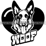 German Shepherd Dog Woof Heart Under Dog Head Design Element Breed Pup Puppy Purebred Pedigree White Background Canine Cop Police K9 K-9 Logo Clipart SVG