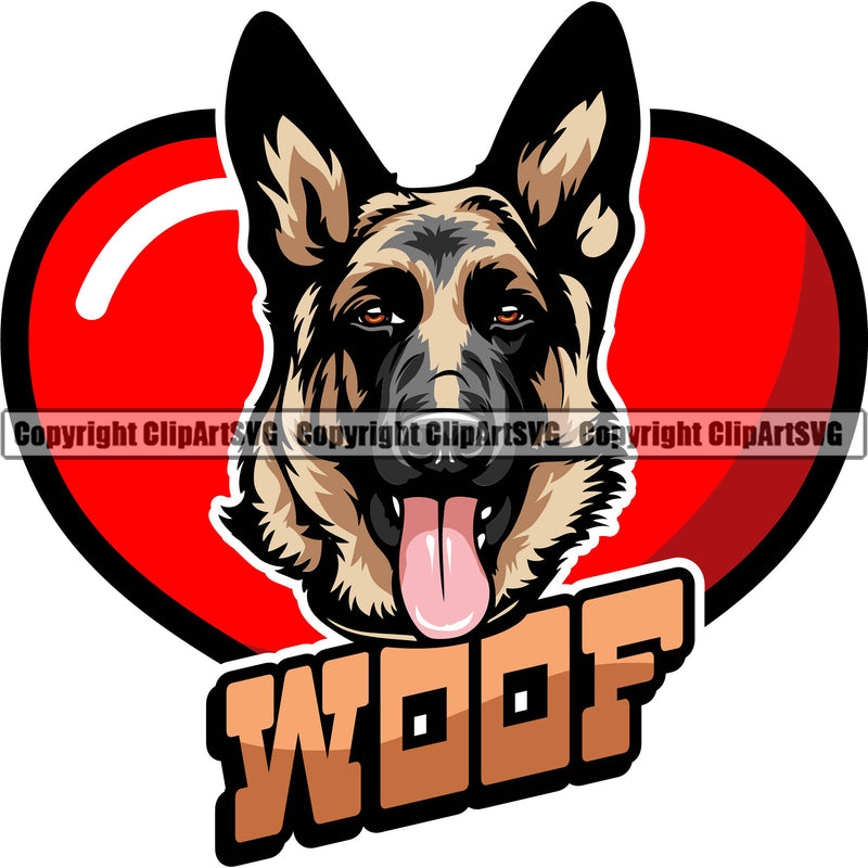 German Shepherd Dog Woof Heart Red Color Under Dog Head Design Element Breed Pup Puppy Purebred Pedigree White Background Canine Cop Police K9 K-9 Logo Clipart SVG