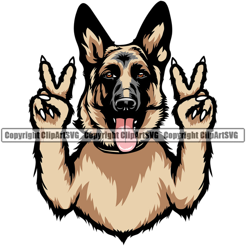 German Shepherd Dog Peace Hand Sign Color Body Puppy Head Purebred Pedigree Vector Animal Doggy Face Cute Clipart SVG
