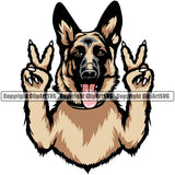 German Shepherd Dog Peace Hand Sign Color Body Puppy Head Purebred Pedigree Vector Animal Doggy Face Cute Clipart SVG