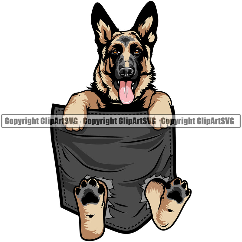 German Shepherd Dog Hanging From Shirt Pocket T-Shirt Tshirt Design Puppy Head Purebred Pup Pedigree Doggy K9 Clipart SVG