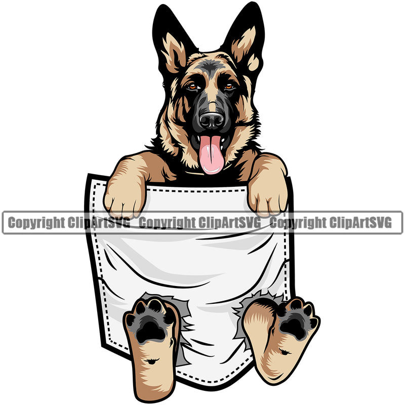 German Shepherd Dog Hanging From Shirt Pocket Color T-Shirt Tshirt Body Design Puppy Purebred Pup Pedigree K9 Animal Clipart SVG