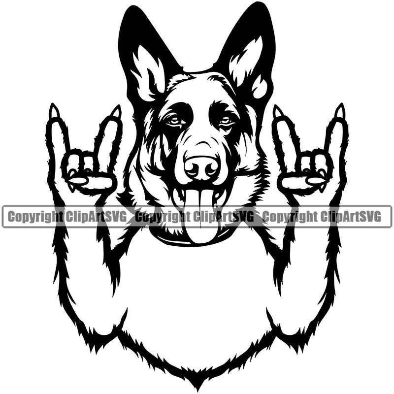 German Shepherd Dog Rock And Roll Hand Sign Vector Puppy Head Purebred Pup Pedigree k9 Clipart SVG