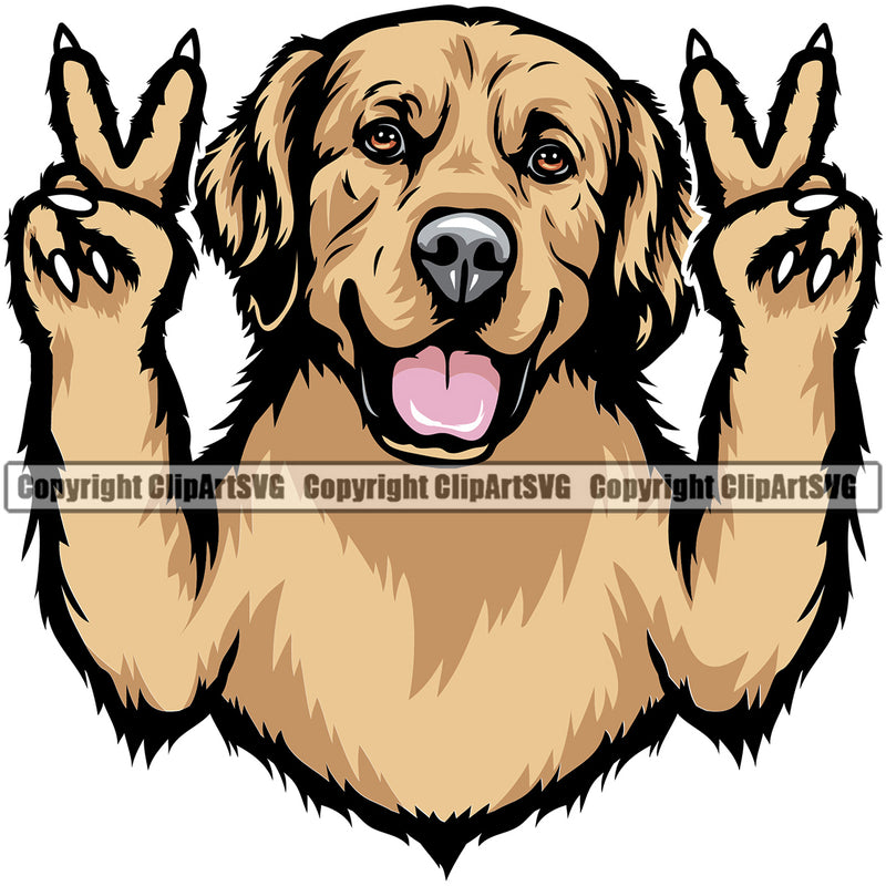 Golden Retriever Dog Peace Hand Sign Color Head Purebred Pup Pedigree Design K9 Animal Portrait Doggy Face