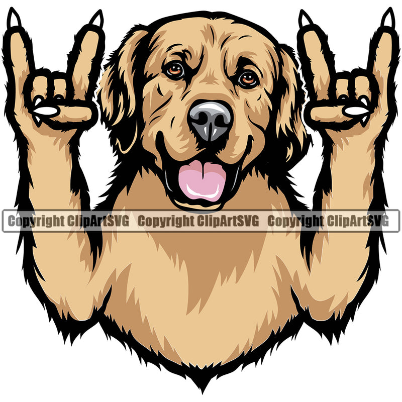 Golden Retriever Dog Rock And Roll Hand Sign Color Head Purebred Pup Pedigree Design K9 Animal Portrait Doggy Clipart SVG