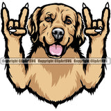Golden Retriever Dog Rock And Roll Hand Sign Color Head Purebred Pup Pedigree Design K9 Animal Portrait Doggy Clipart SVG